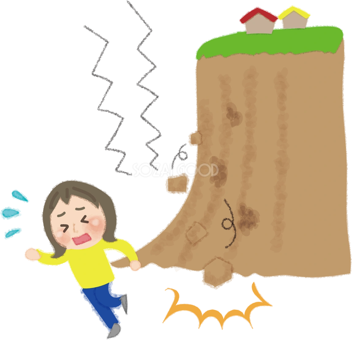 地震で崖くずれから逃げる人の無料イラスト／防災 災害449212