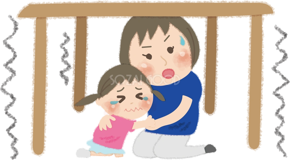地震で机の下に隠れる子供と親の無料イラスト/防災 災害449220