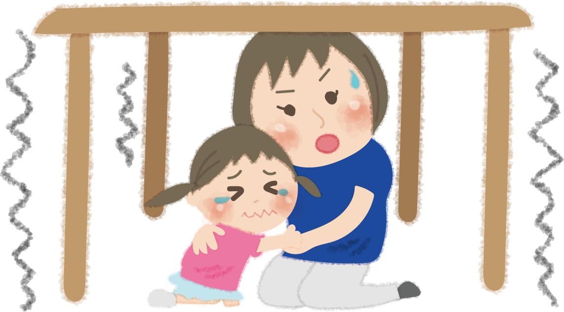地震で机の下に隠れる子供と親の無料イラスト／防災 災害449220に写真・文字を入れる