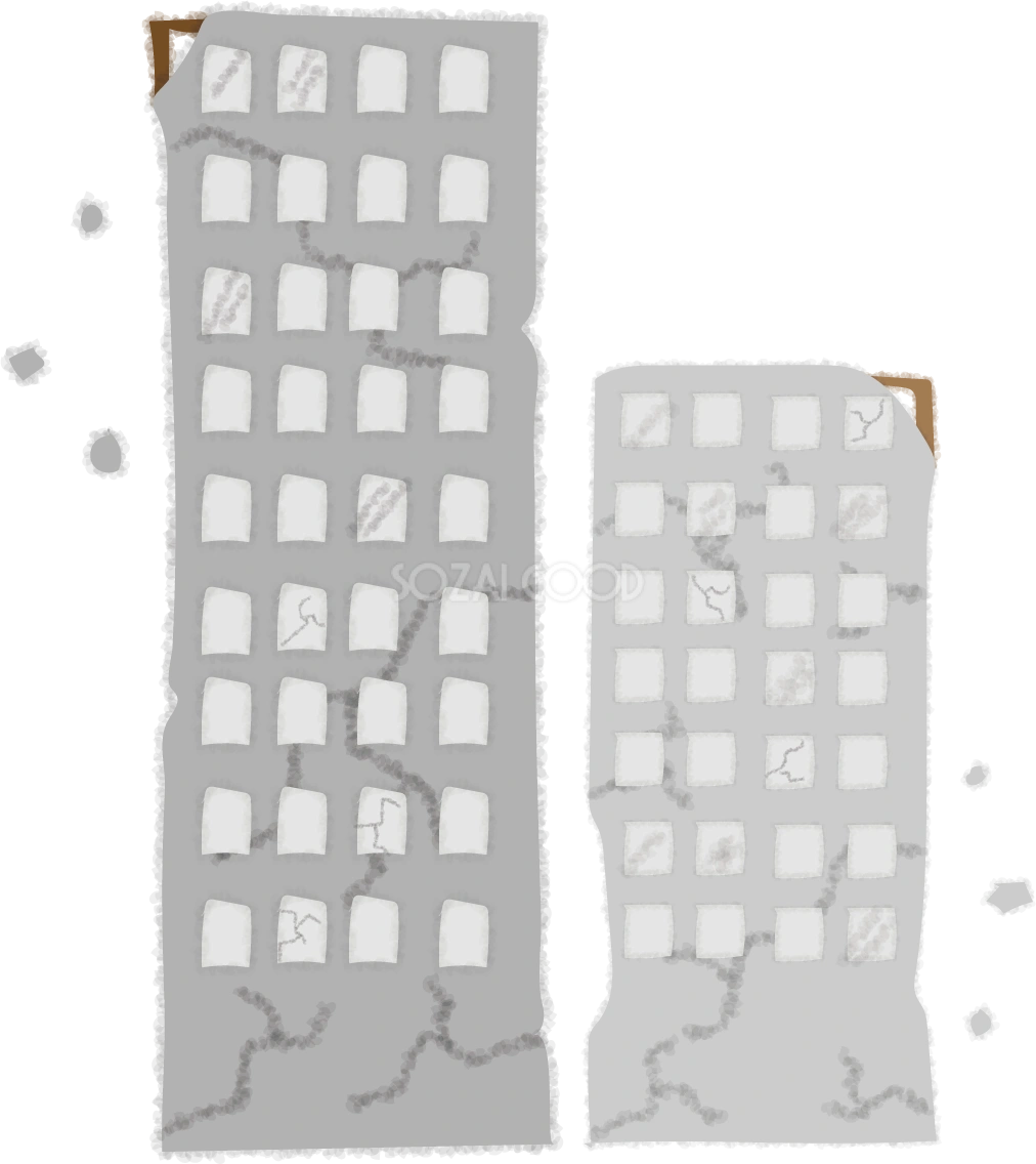 地震後にヒビだらけで今にも崩れそうなビルの無料イラスト/防災 災害49269