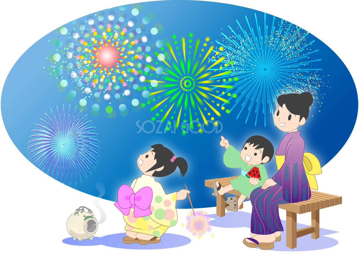 かわいい花火大会の背景無料イラスト/夏49418