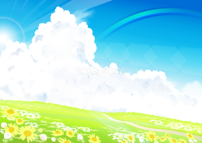 リアル綺麗な夏の積乱雲 入道雲 空におしゃれな青空と虹と草原の背景無料イラスト49494 素材good