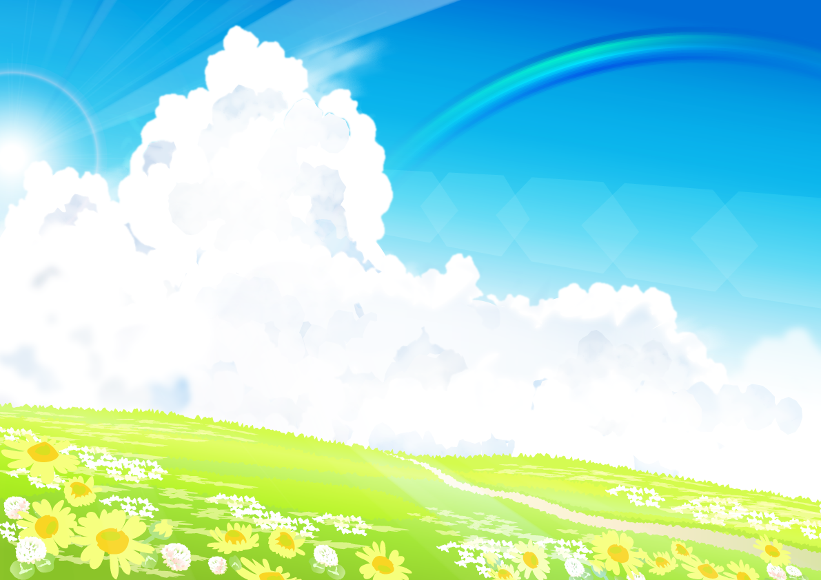 リアル綺麗な夏の積乱雲(入道雲)空におしゃれな青空と虹と草原の背景無料イラスト49494に写真・文字を入れる