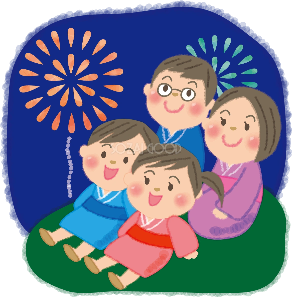 花火大会で夜空を見上げる家族の無料イラスト/夏休み49725