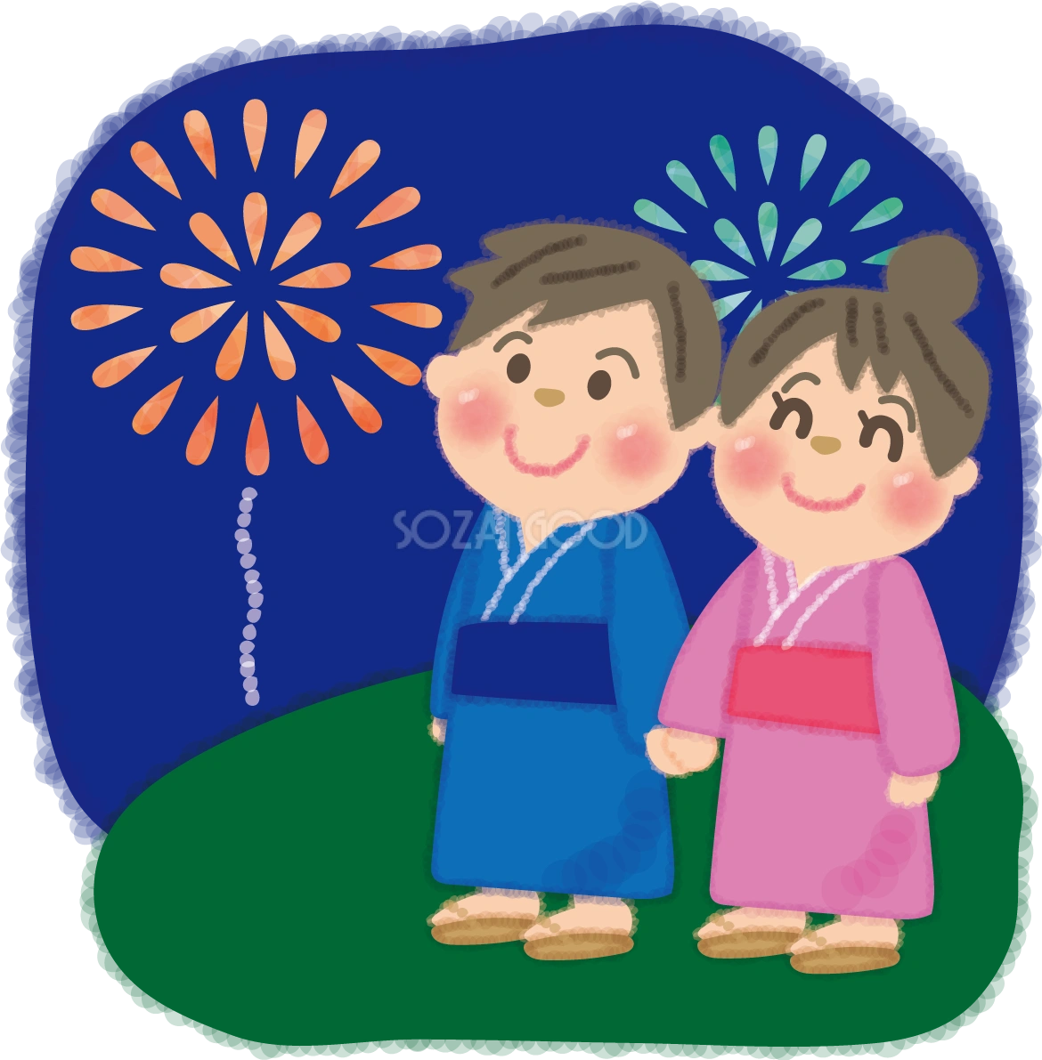 花火大会を手をつなぎ見上げる男女カップルの無料イラスト/夏休み49733
