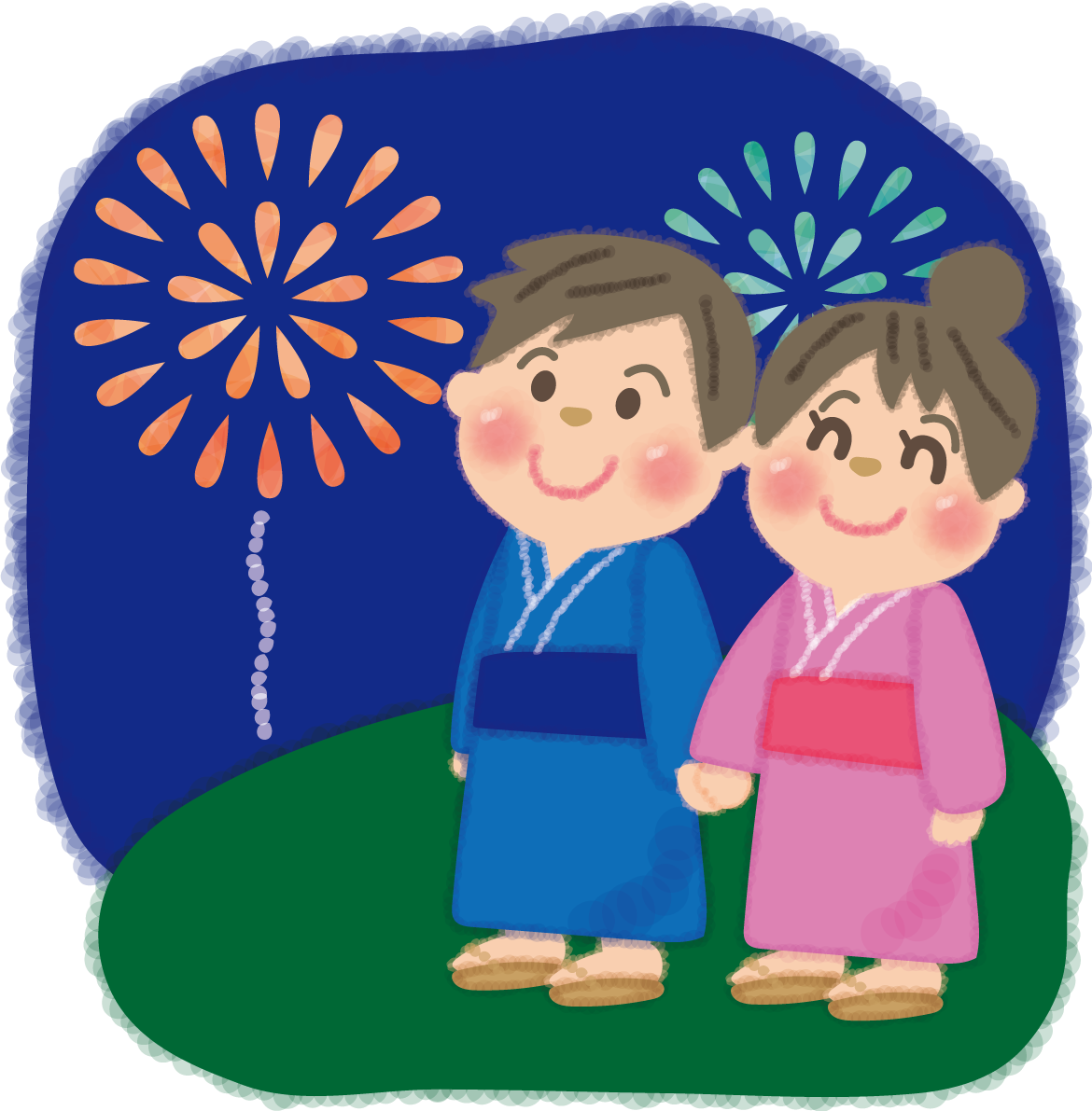 花火大会を手をつなぎ見上げる男女カップルの無料イラスト／夏休み49733に写真・文字を入れる