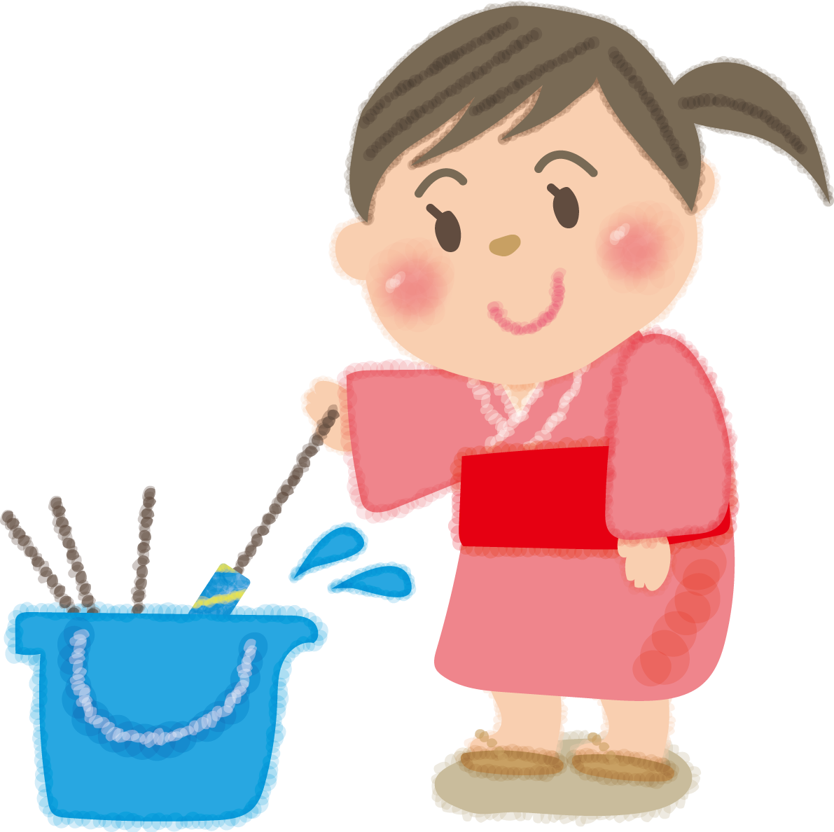 手持ち花火の火をバケツの水で消す子ども（女の子）の無料イラスト／夏休み49753に写真・文字を入れる