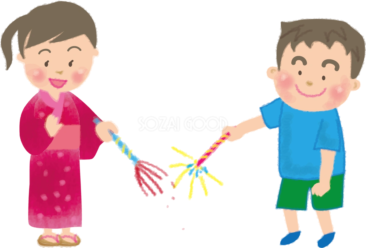 手持ち花火を楽しむ男の子と女の子の無料イラスト 花火49820