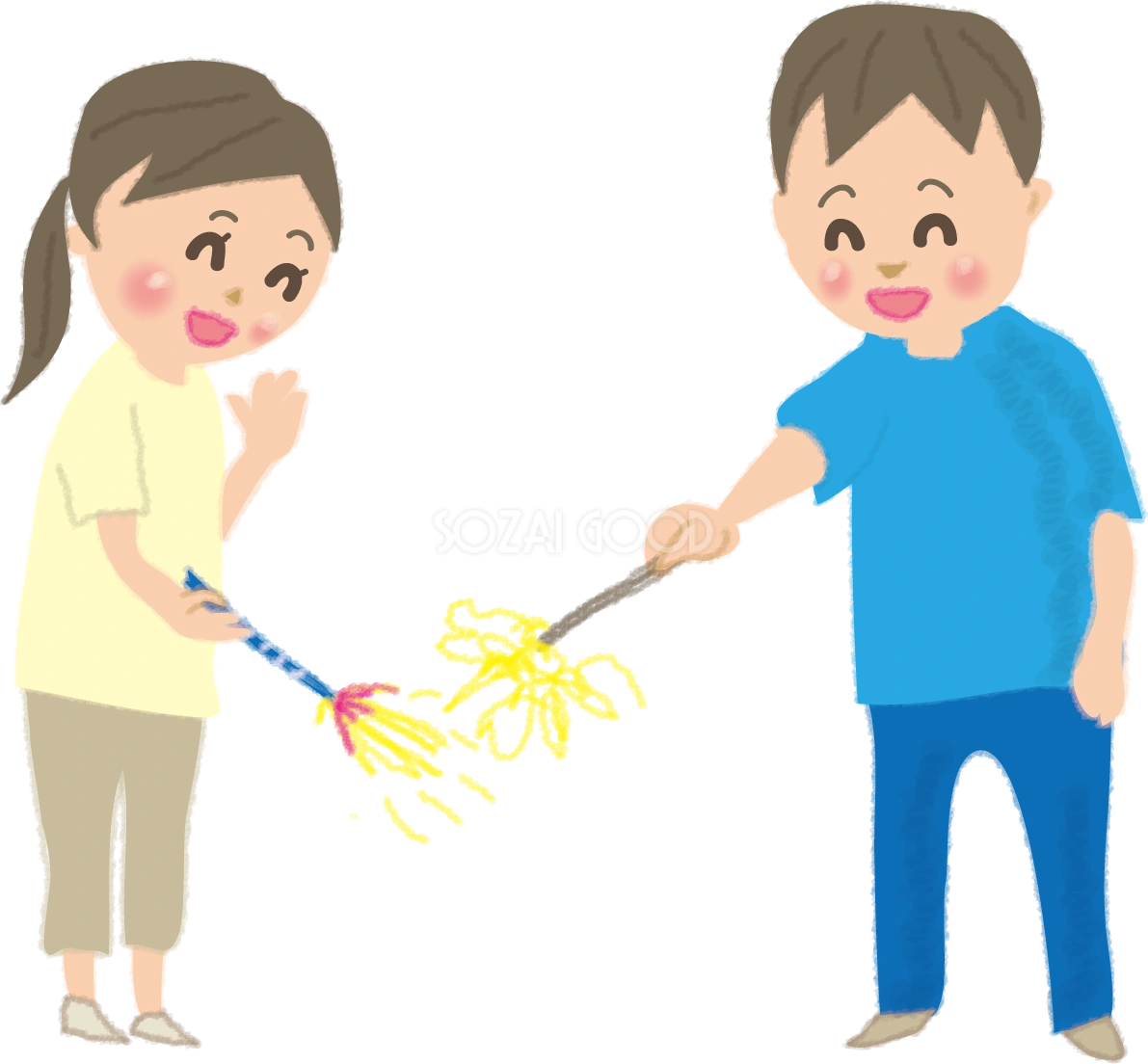 手書き風手持ち花火を楽しむ男性と女性の無料イラスト49824