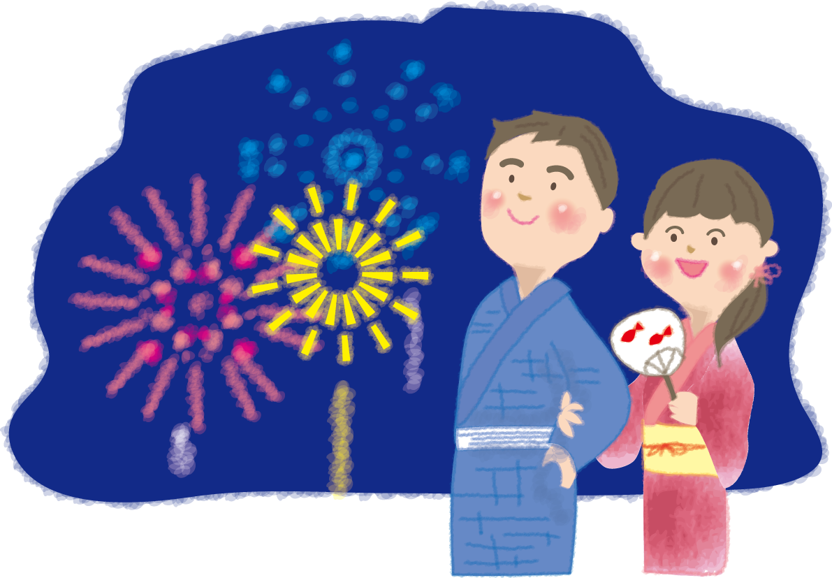 浴衣を着て花火を見るカップルの無料イラスト 花火49844に写真・文字を入れる