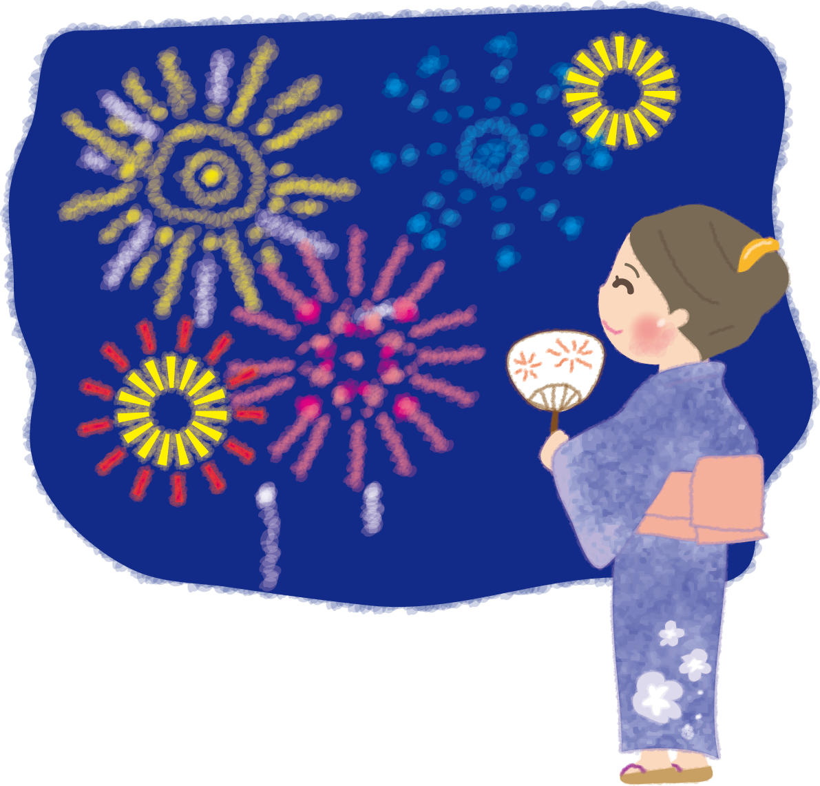 浴衣を着て手書き風の花火大会を見る女性の無料イラスト49848に写真・文字を入れる