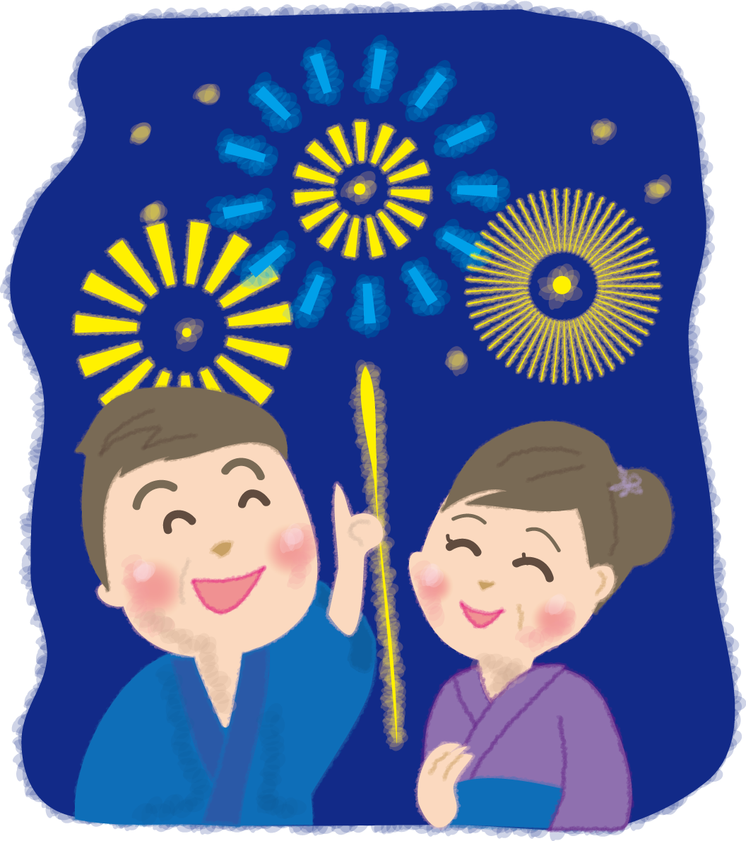 浴衣を着て花火を見る夫婦の無料イラスト 花火49856に写真・文字を入れる