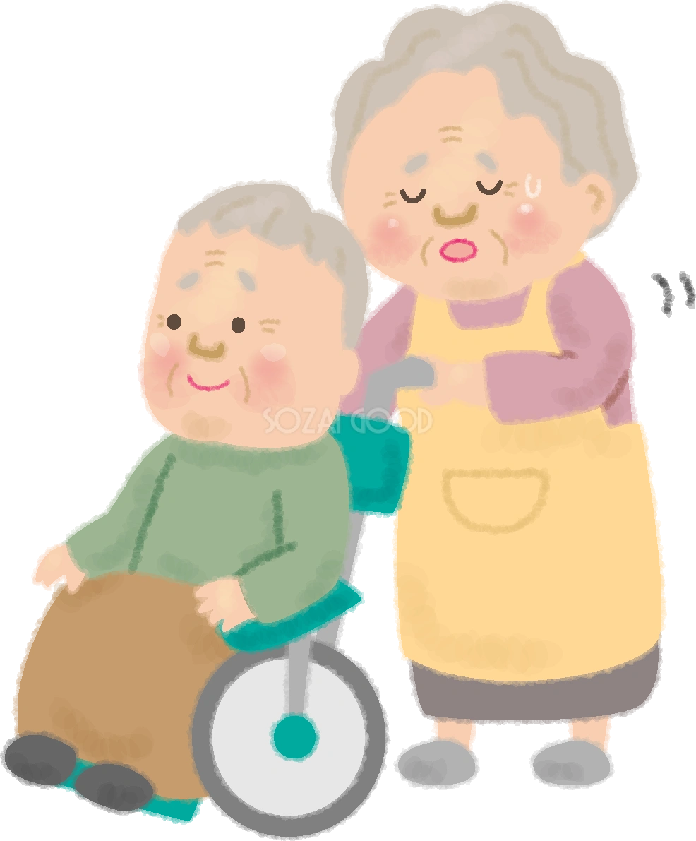 おじいちゃんの車椅子を押すおばあちゃんが介護で疲る無料イラスト/高齢者・老人50144