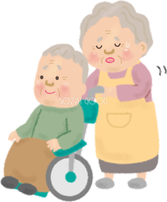 おじいちゃんの車椅子を押すおばあちゃんが介護で疲る無料イラスト