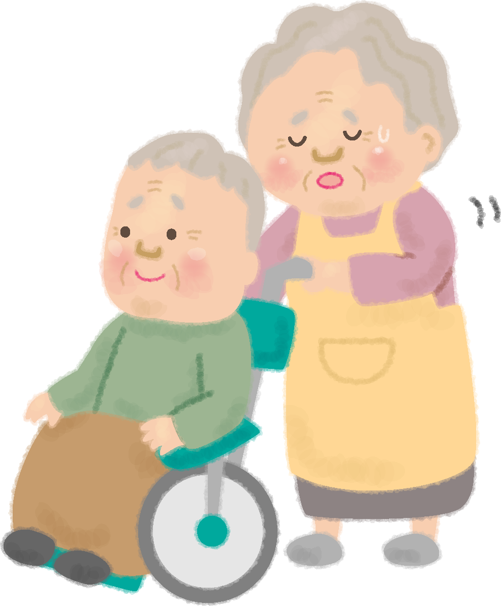 おじいちゃんの車椅子を押すおばあちゃんが介護で疲る無料イラスト／高齢者・老人50144に写真・文字を入れる