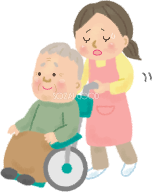 おじいちゃんの車椅子を押す主婦が介護で疲れるの無料イラスト 高齢者 老人 素材good
