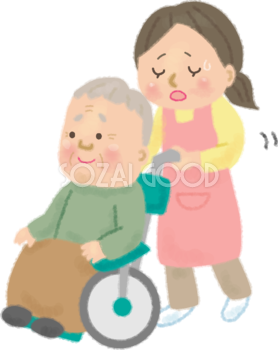おじいちゃんの車椅子を押す主婦が介護で疲れるの無料イラスト／高齢者・老人50148