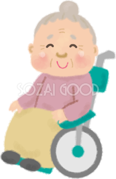 かわいい車椅子に乗るおばあちゃんの無料イラスト／高齢者・老人50156