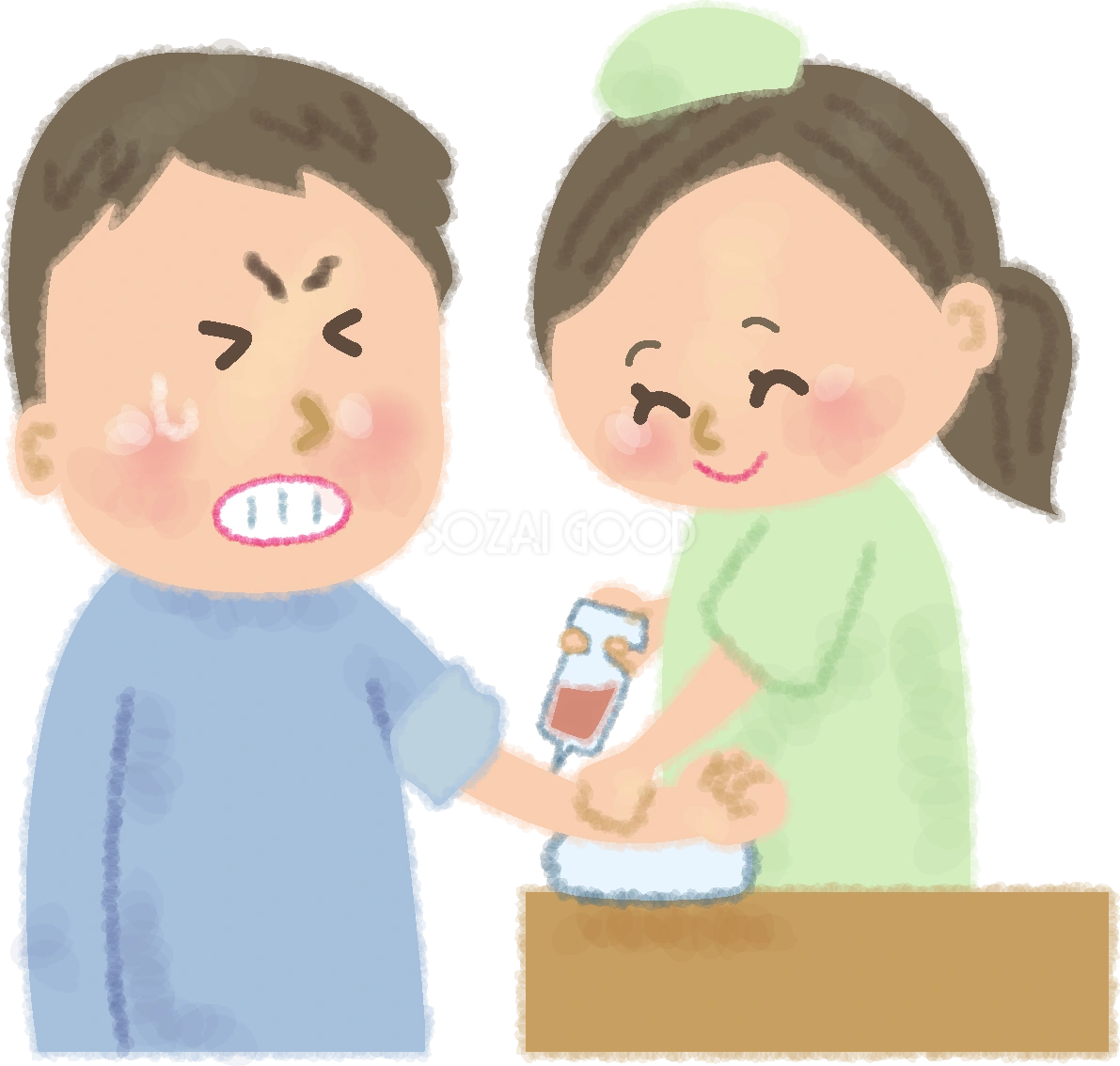 看護師に注射を打たれる男性が痛そうの無料イラスト/病院50160