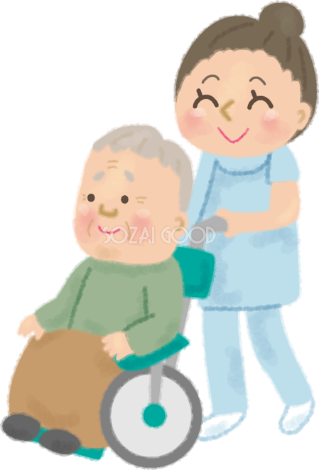車椅子におじいちゃんが乗り看護師が介護する無料イラスト 高齢者 老人 素材good