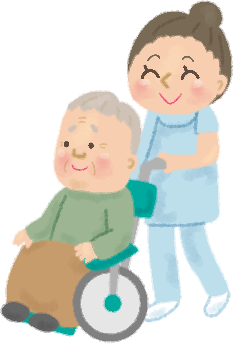 車椅子におじいちゃんが乗り看護師が介護する無料イラスト／高齢者・老人50172に写真・文字を入れる
