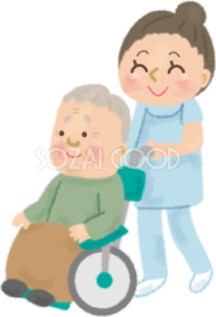 車椅子におじいちゃんが乗り看護師が介護する無料イラスト／高齢者・老人50172