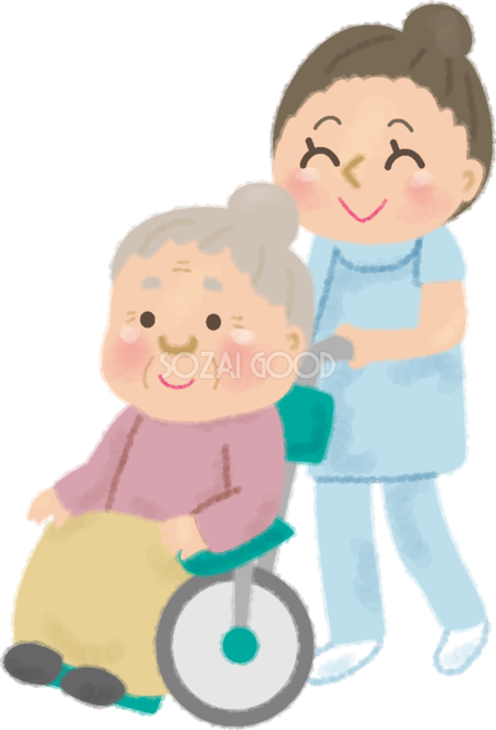 車椅子におばあちゃんが乗り笑顔で看護師が介護する無料イラスト 高齢者 老人50176 素材good