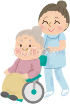 車椅子におばあちゃんが乗り笑顔で看護師が介護する無料イラスト／高齢者・老人50176
