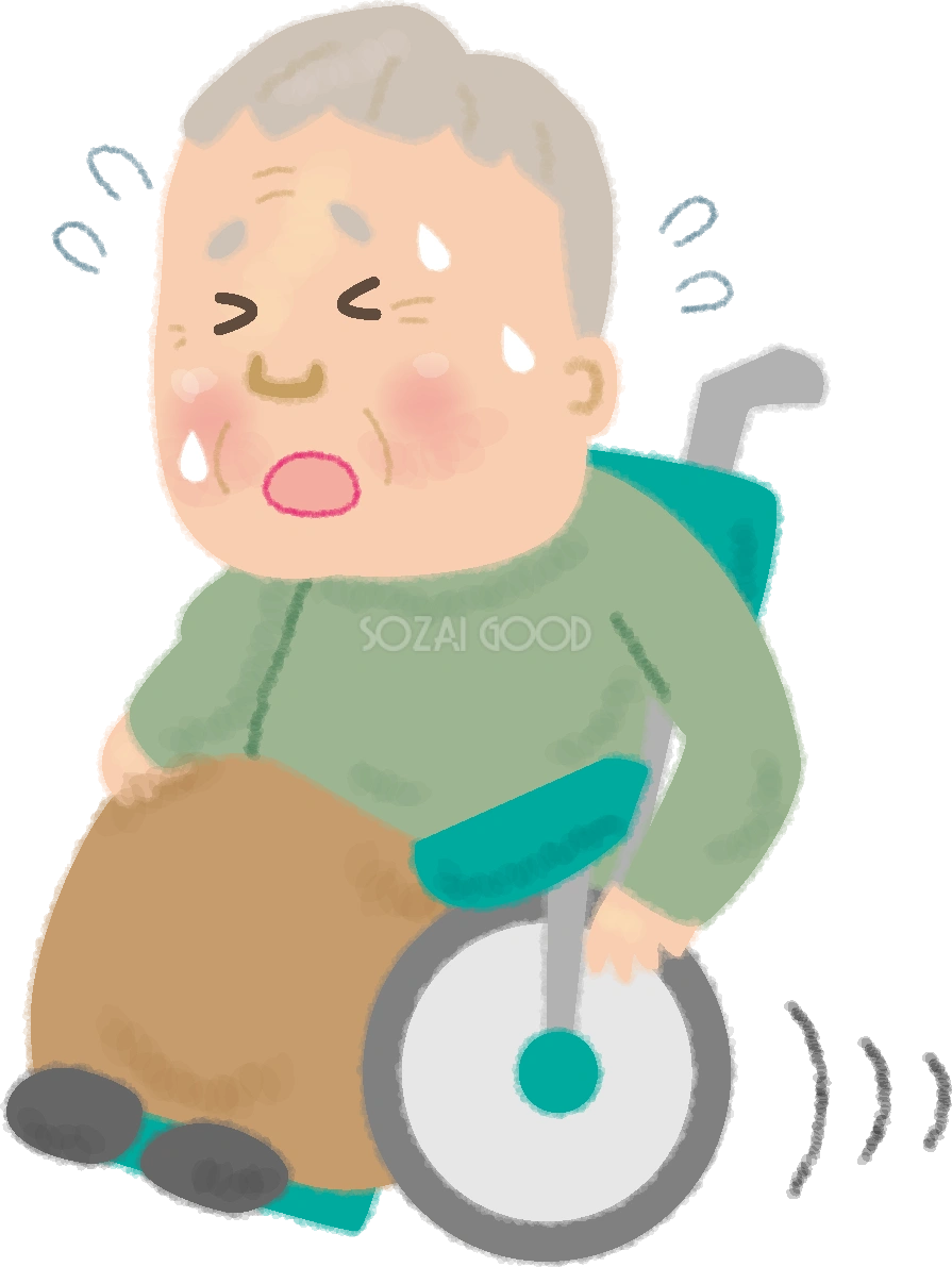 車椅子に乗るおじいちゃんが汗だくで疲れ果てて漕ぐの無料イラスト/高齢者・老人50188
