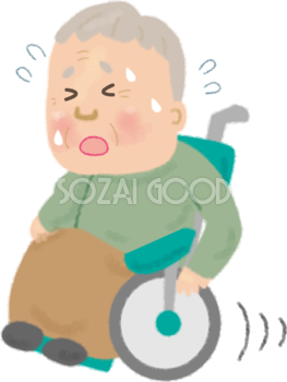 車椅子に乗るおじいちゃんが汗だくで疲れ果てて漕ぐの無料イラスト／高齢者・老人50188