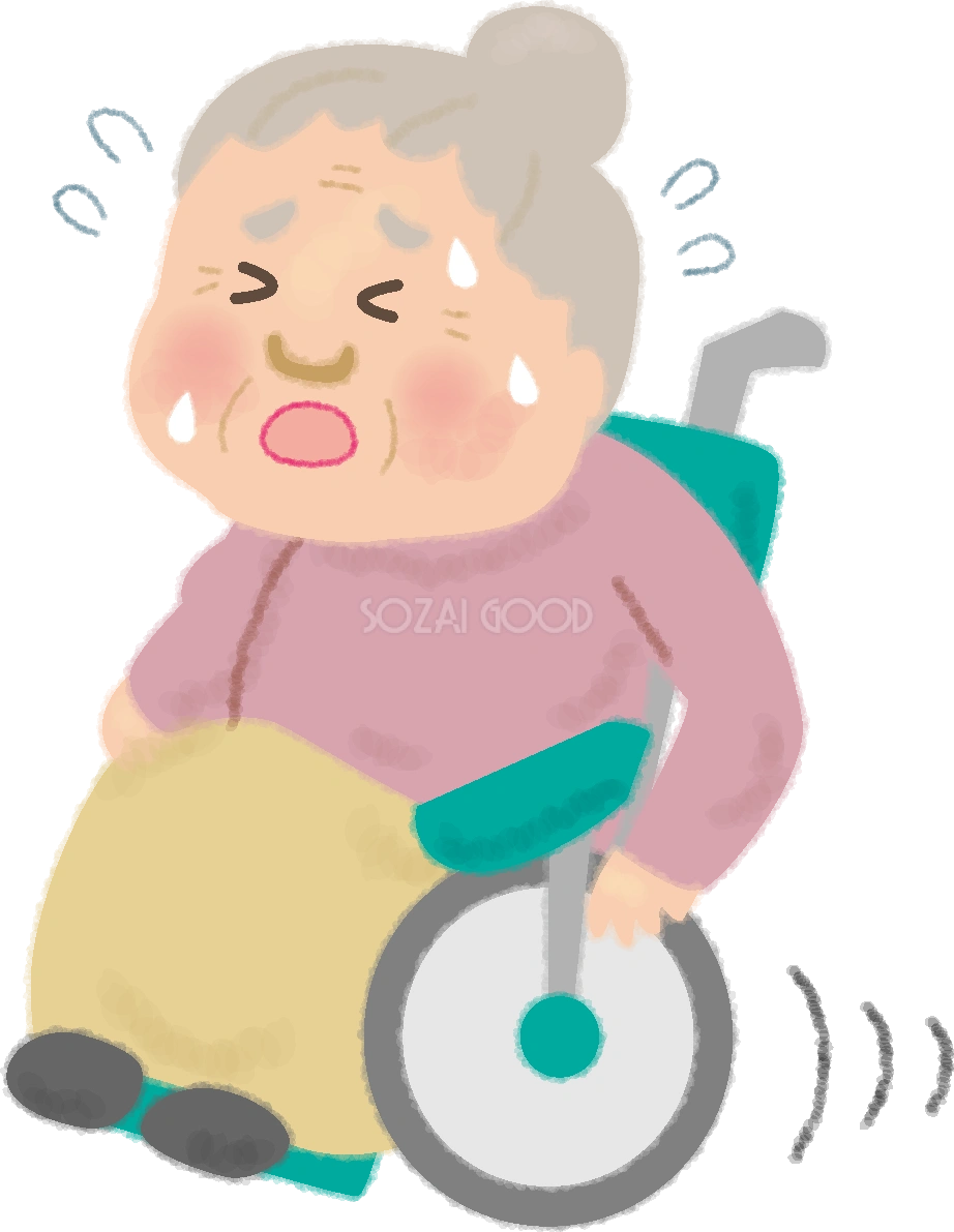 車椅子に乗るおばあちゃんが汗だくで疲れ果てて漕ぐ無料イラスト／高齢者・老人50192