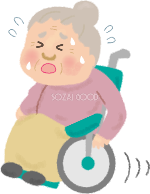 車椅子に乗るおばあちゃんが汗だくで疲れ果てて漕ぐ無料イラスト 高齢者 老人 素材good