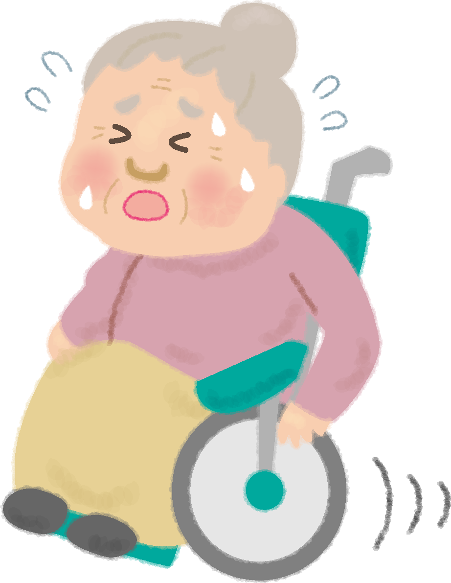 車椅子に乗るおばあちゃんが汗だくで疲れ果てて漕ぐ無料イラスト／高齢者・老人50192に写真・文字を入れる