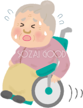 車椅子に乗るおばあちゃんが汗だくで疲れ果てて漕ぐ無料イラスト／高齢者・老人50192