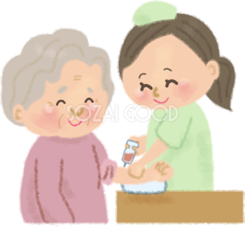 笑顔で看護師に注射を打たれるおばあちゃんの無料イラスト／病院50200