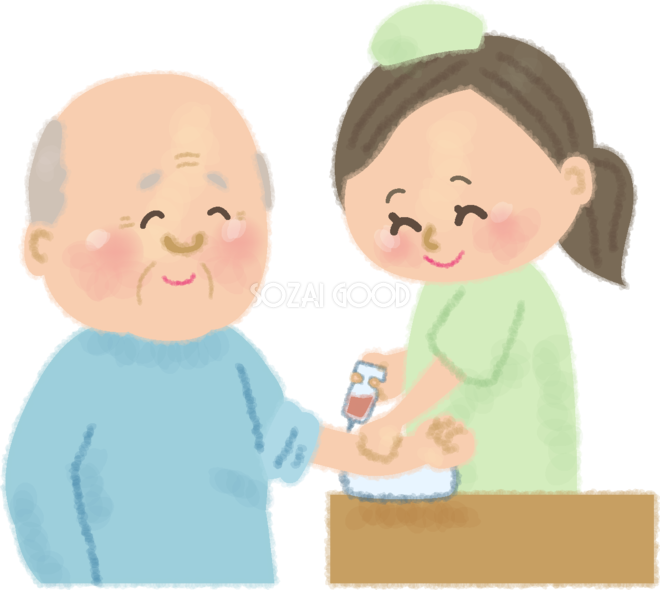 笑顔で看護師に注射を打たれるおじいちゃんの無料イラスト 病院506 素材good