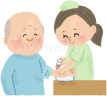 笑顔で看護師に注射を打たれるおじいちゃんの無料イラスト／病院50206