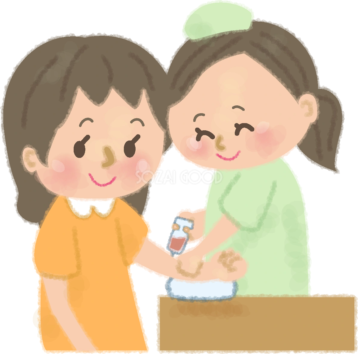 笑顔で看護師に注射を打たれる女性の無料イラスト／病院50214