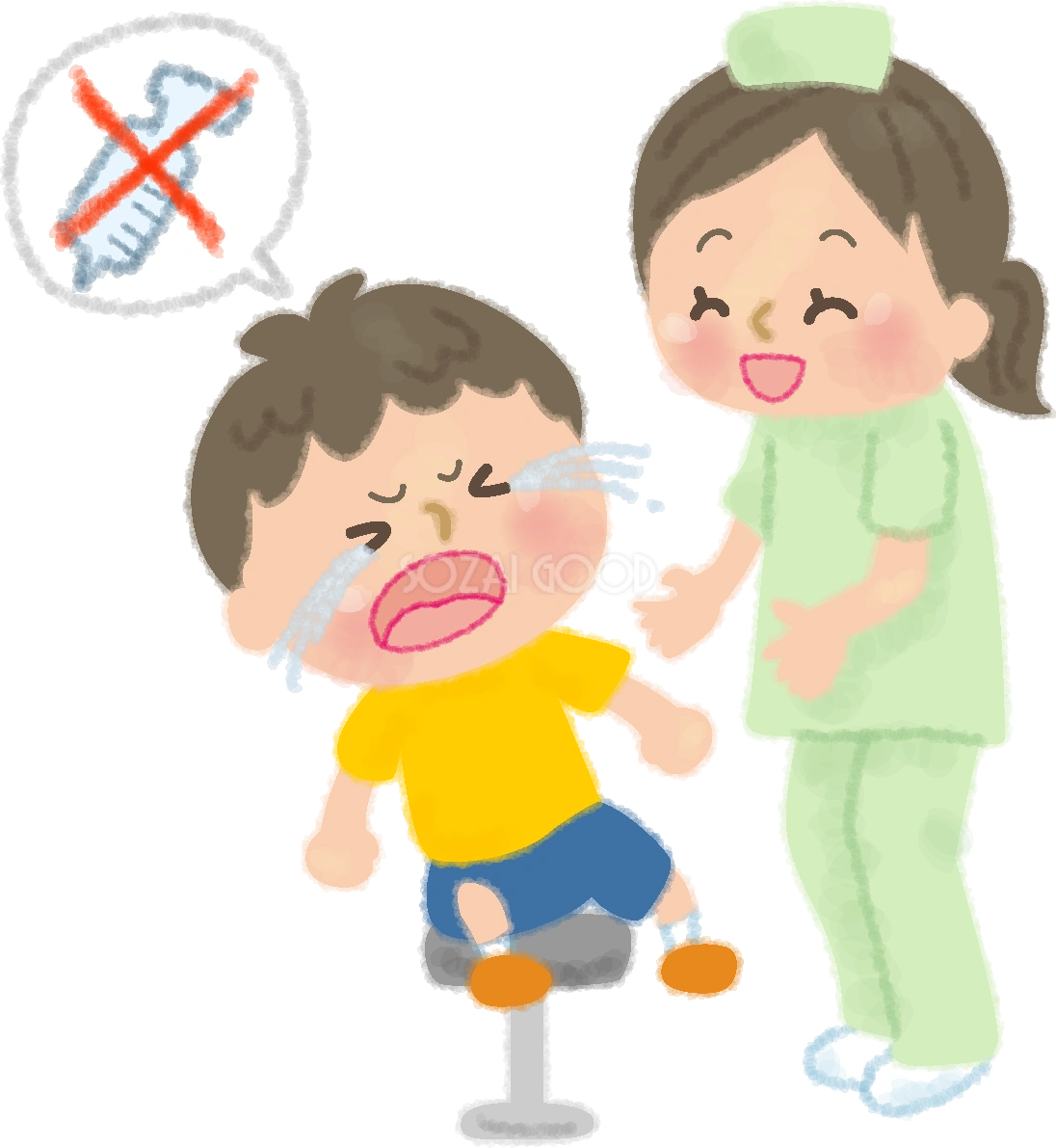 注射を嫌がり泣くかわいい男の子をなだめる看護師の無料イラスト/病院50238