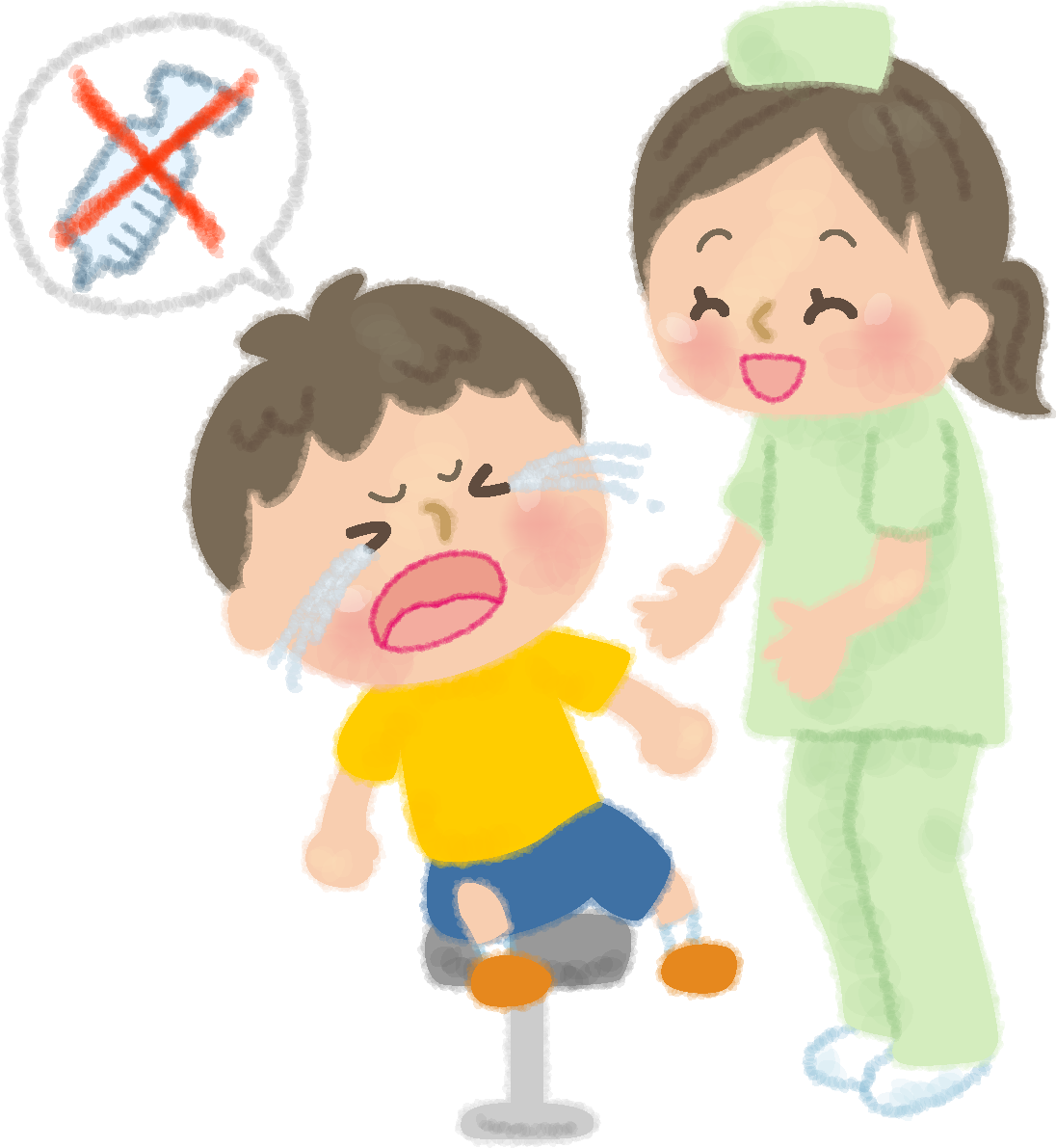 注射を嫌がり泣くかわいい男の子をなだめる看護師の無料イラスト／病院50238に写真・文字を入れる