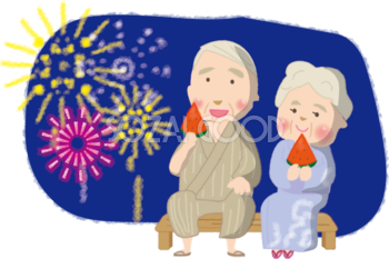 スイカを食べながら手書き風花火大会を楽しむ老夫婦の無料イラスト50403