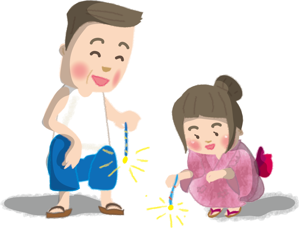 線香花火をする浴衣姿の女の子とお父さんの無料イラスト／花火50439に写真・文字を入れる