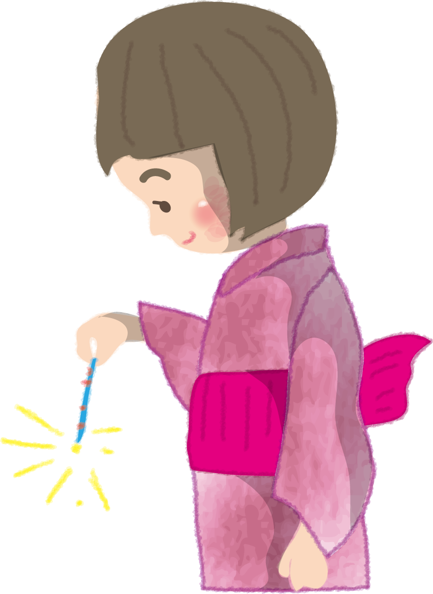 線香花火をする浴衣姿の女の子の無料イラスト／花火50443に写真・文字を入れる