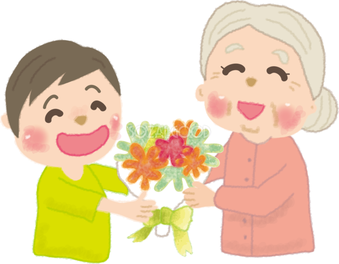 9月敬老の日に孫に花束をもらい喜ぶおばあちゃん無料イラスト 秋 素材good