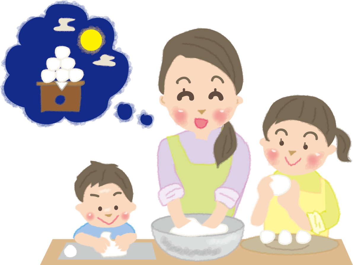お月見だんごを作る子どもとお母さん無料イラスト／秋51647に写真・文字を入れる