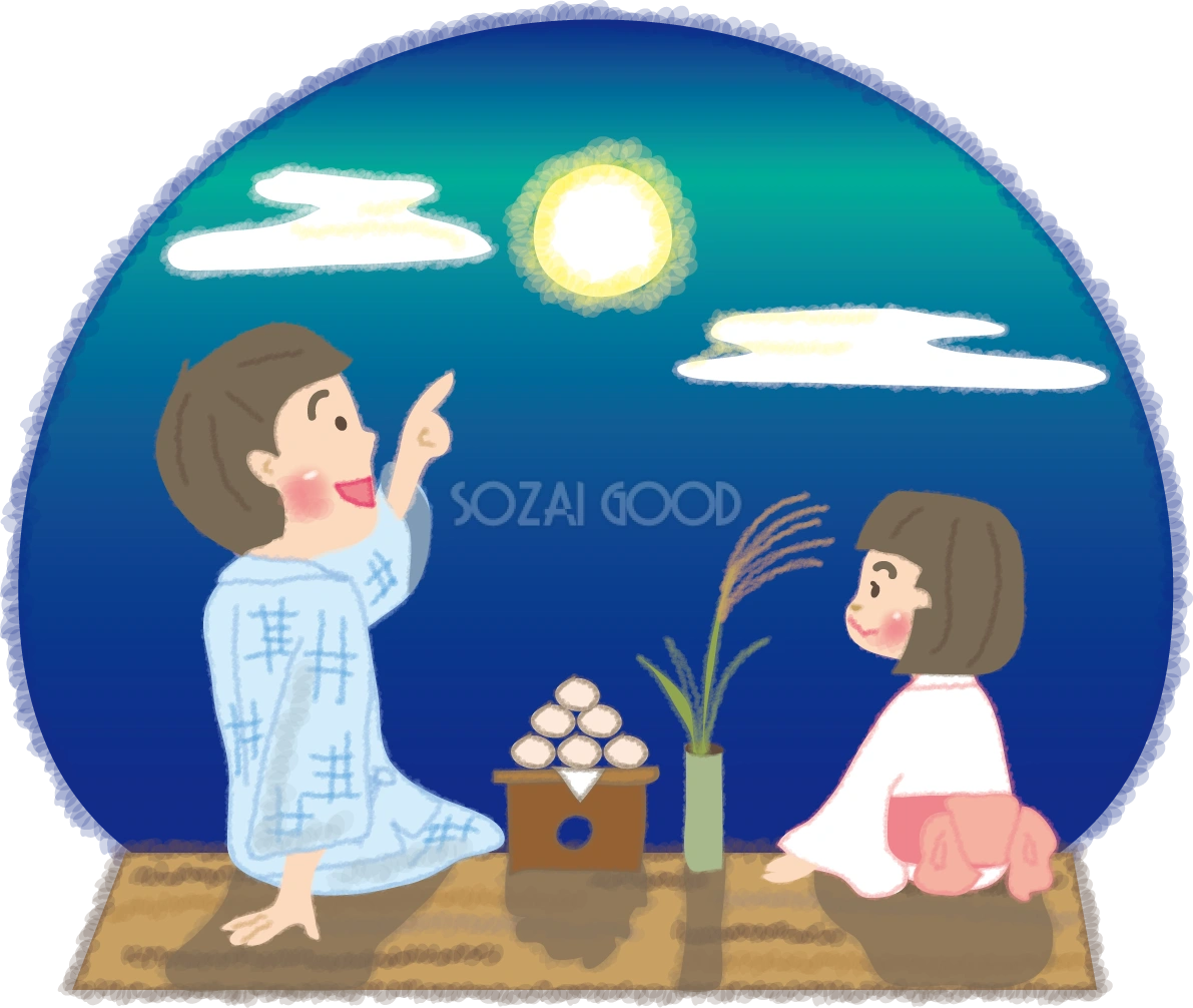 お月見をする親と子ども(女の子)無料イラスト/秋51651