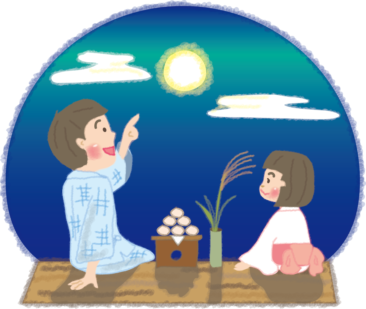 お月見をする親と子ども（女の子）無料イラスト／秋51651に写真・文字を入れる