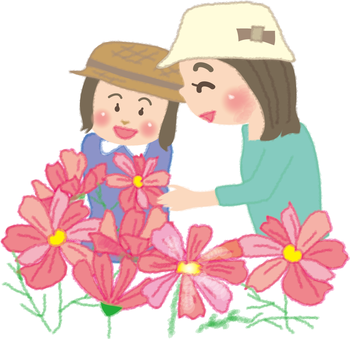 コスモス(秋桜)を眺める子どもと母親の無料イラスト／秋51687に写真・文字を入れる