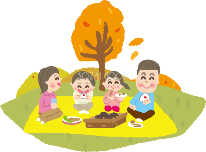 紅葉の木の下でお弁当を食べる家族無料イラスト 秋 素材good
