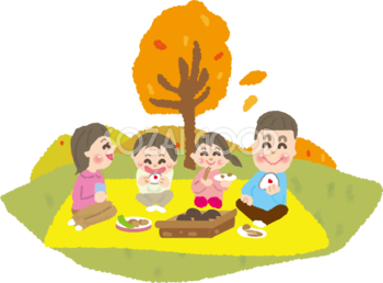 紅葉の木の下でお弁当を食べる家族無料イラスト／秋51727